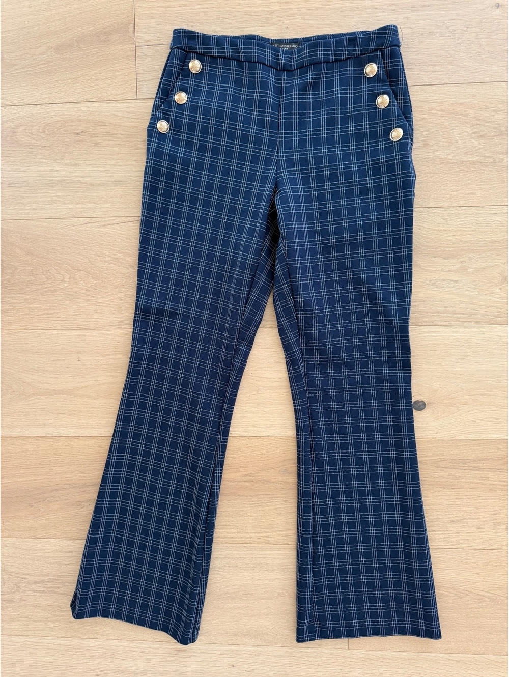 Christian Siriano New York Navy Plaid Sailor Flare Pants Gold Buttons S